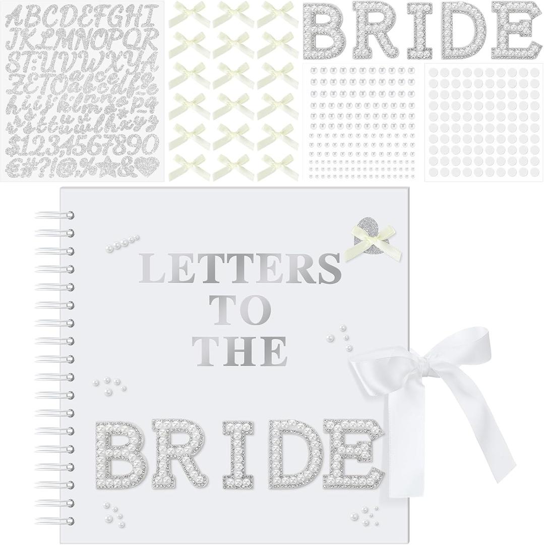 Fuyoooo 10 x 10 Inch Letters to The Bride Scrapbook Wedding Memory Book Bridal DIY Blank Paper Scrapbook Photo Album Guest Book Sign with Pearl Stickers, Metallic Letters, Bows (White)