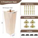 Furniture feet Table Legs Couch Legs Unfinished Square Bed Feet 6 inch Wood Replacement Leg for Furniture Set of 4, Natural (4set, 6in)
