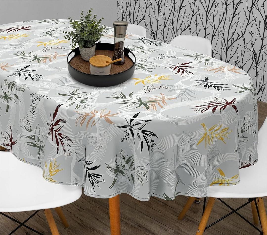 Elegant Oval Tablecloth - Water-Resistant, Fade-Resistant, Reusable Farmhouse Table Cloth for Indoor Home Decor, Beige Grey-leaf, 72" x 54" (Oval)