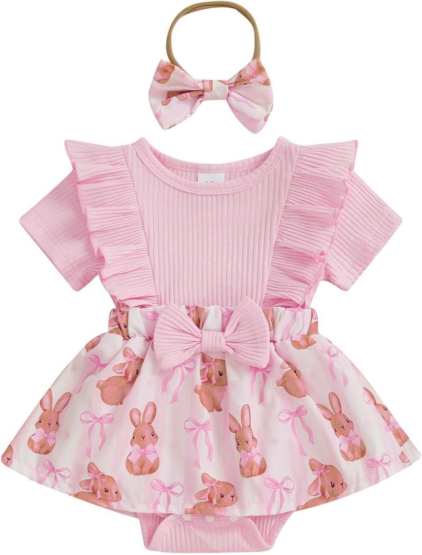 Newborn Baby Girl Easter Outfit Rabbit Romper Dress Ribbed Ruffle Skirt Hem Jumpsuit Cute Summer Clothes (Pink) 3-6 M