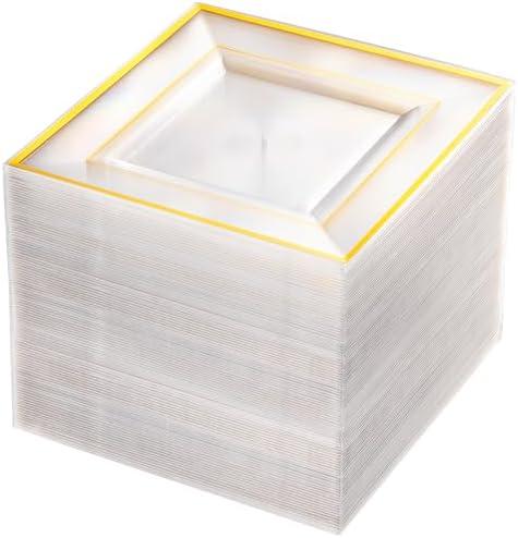 bUCLA 100PCS Clear Gold Plastic Square Plates - 6 Inch Clear Disposable Dessert/Cake Plates with Gold Trim - Ideal for Weddings,Birthday&Party