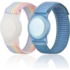 Kids Wristband Compatible with Apple AirTag, Protective Case for Air Tag GPS Tracker Holder with Nylon Bracelet, Adjustable Anti Lost Watch Band for Toddler Child Elder(Rainbow A & Blue)