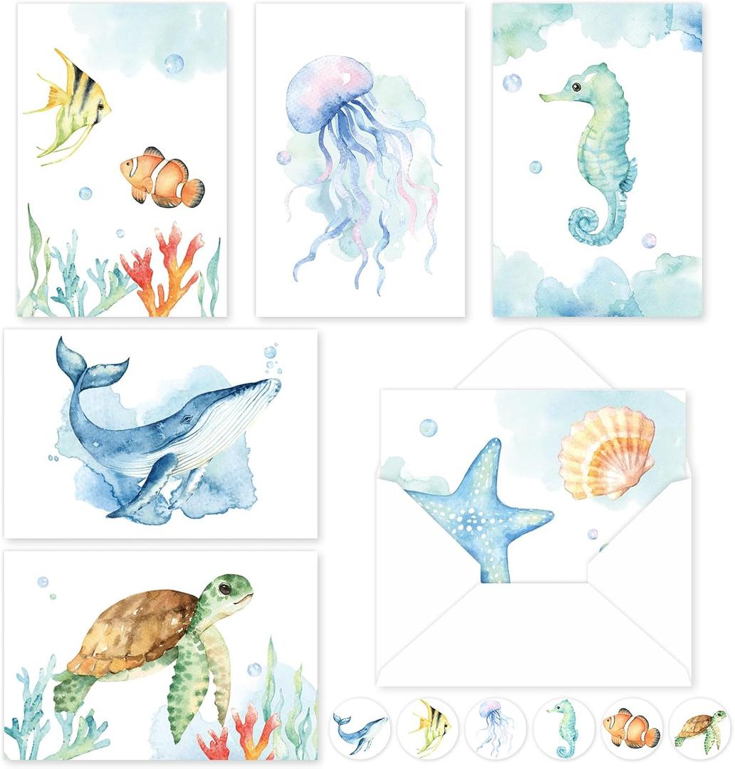 Whaline 30 Pack Watercolor Ocean Greeting Cards Turtle Whale Jellyfish Stationery Cards with Envelopes Stickers Summer Sea Blank Note Cards for Party Invitation Supplies, 4 x 6 Inch