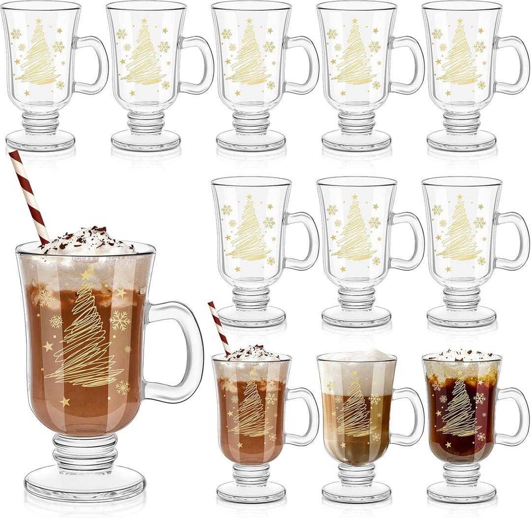 Sliner Set of 12 Christmas Snowflake Glass Coffee Mugs with Handle, 8 oz Clear Irish Footed Coffee Glasses Mugs Winter Holiday for Beverages Latte Hot Chocolate(Christmas Tree)