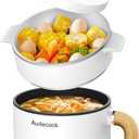 Audecook Hot Pot Electric with Steamer, 1.5L Portable Nonstick Rapid Noodles Cooker, Travel Electric Skillet with Dual Power Control for Ramen/Pasta/Soup/Steak/Egg/Oatmeal (White)