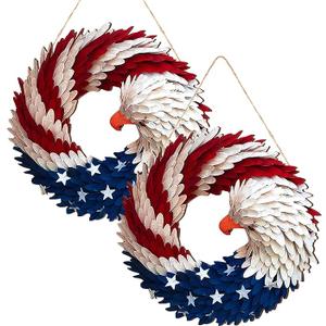 2 Pcs 4th of July Hanging Door Sign Eagle Wreath 250th Anniversary Decorations Patriotic Door Hanger American Wooden Plaque for Wall Front Porch Memorial Day Decor