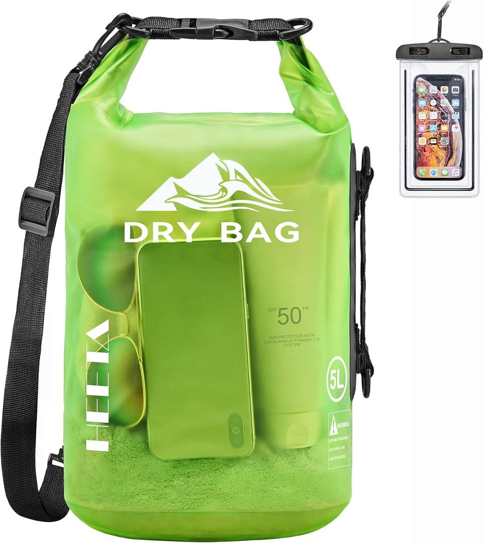 HEETA Dry Bag Waterproof for Women Men, 5L/10L/20L/30L/40L Roll Top Lightweight Dry Storage Bag Backpack with Phone Case for Travel Swimming Boating Kayaking Paddle Board Camping Beach Accessories (Lemon Green)