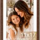 Solid Wood 11x17 Picture Frame Beaded Frame with 9x15 Mat, Rustic Vintage 11 by 17 Photo Frame Matted with Plexiglass for Wall Display, Brown
