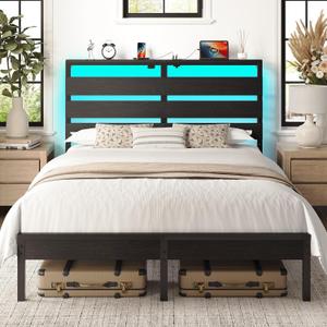 Rolanstar Full Size Bed Frame with LED Lights and Charging Station, Wood Storage Headboard and Under Bed Storage, Metal Platform, Noise Free, No Box Spring Needed, Balck Oak