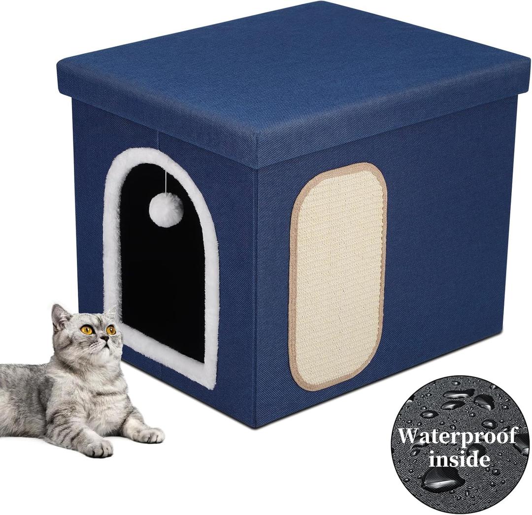 Cat Litter Box Enclosure, Foldable Hidden Litter Box with Mesh Storage Bag, Litter Box Furniture Hidden with Waterproof Inside, Easy Clean, Odor Control, Easy Assembly, 21.6L x 17.7D x 17.7H, Blue