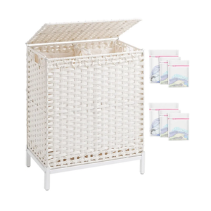 Laundry Hamper with Lid, 112 L Handwoven Rattan Wicker Laundry Basket, 2 Removable Liner Bags Metal Heightened Feet, 6 Mesh Bags, 2 Section Large Clothes Hamper for Bathroom Bedroom, White