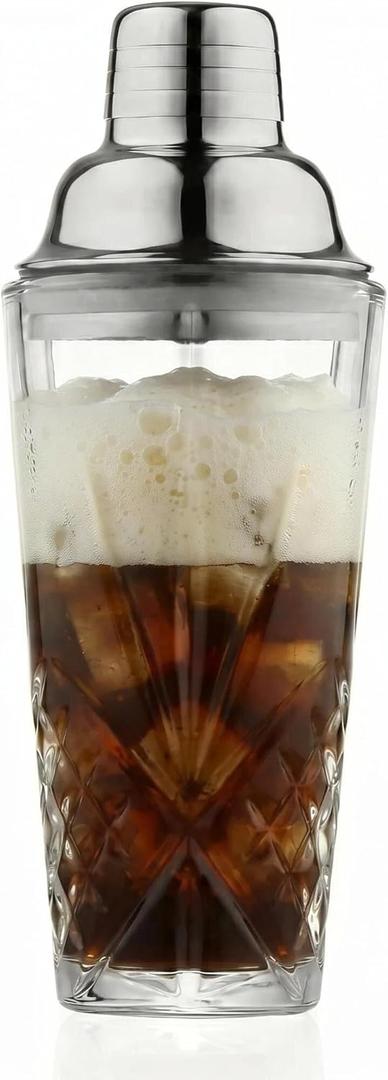 Cut Crystal Cocktail Shaker Set (15oz Lead-Free Crystal Mixer with Stainless Steel Lid & Pour Spout & 4 Recipe Coasters) Premium Bar Tool for Home Bar