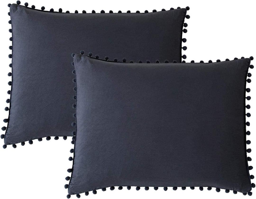 Navy Blue Pom Poms Pillowcases, Dark Blue Pillowcases Set of 2, 100% Soft Washed Microfiber, Soft Navy Pillow Shams King Size, 2 Pack (King, Navy Blue)