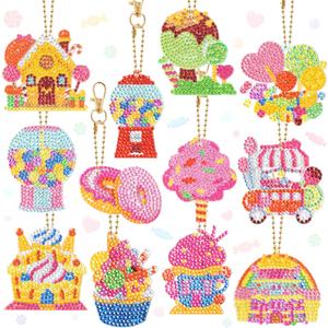 IcyeeCha 12Pcs Candyland 5d Diamond Painting Kits Colorful Candy Lollipop Donut Make Your Own Gem Keychains Sweet Dessert DIY Paint by Numbers Party Favors Gift for Birthday Baby Shower Sweet Shop