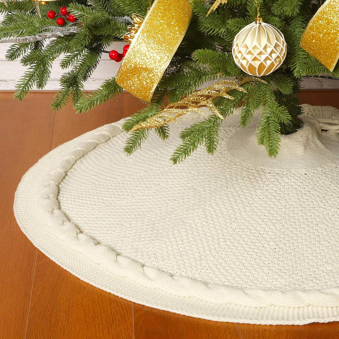 Sattiyrch Christmas Tree Skirt 48 in, Luxury Cable Knit Knitted Thick Rustic Xmas Holiday Decoration, Cream
