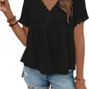 SweatyRocks Women's Short Sleeve Lace Trim Blouse V Neck Ruffle Hem Peplum Shirt Tops Black X-Small