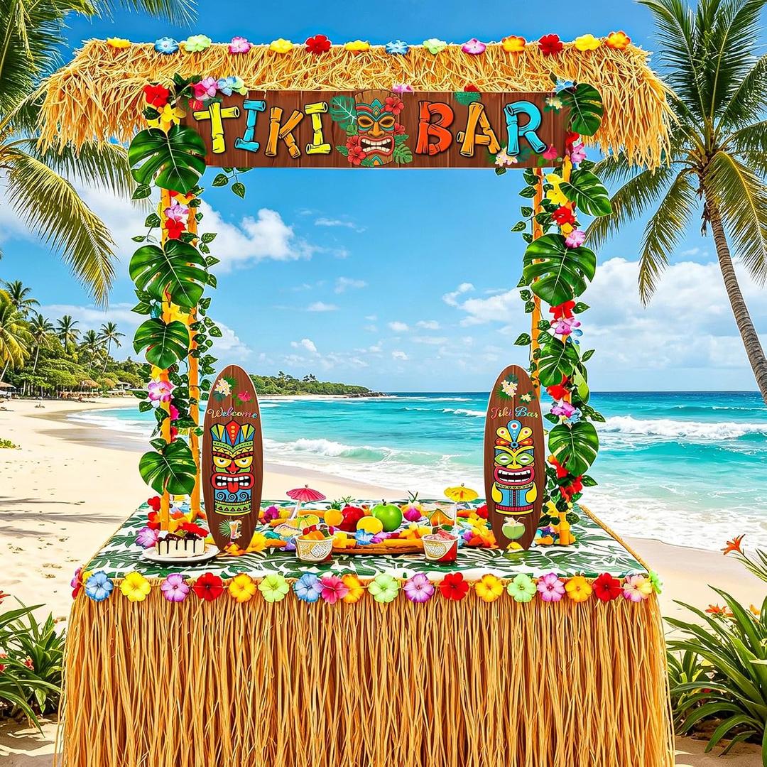 Tiki Bar Hut Kit with LED Lights, Hawaiian Luau Party Decorations Set with Roof, Table Skirt, Tablecloth, Tropical Banner, Surfboard Signs, Palm Leaves for Beach Pool Tropical Party Decor