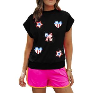 Women American Flag Cap Sleeve Shirt Sequin USA Star T-Shirt Sparkly 4th of July T-Shirt Patriotic Tee Tops (Small, Black)