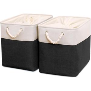 HOdo Home 2PCS Fabric Storage Bin with Drawstring Closure and 2 Bold Handles, Collapsible Large Canvas Storage Baskets for Organizing Shelf Nursery Home Closet (Black&White, 17L12W15H)