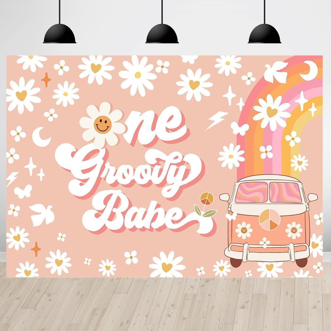 One Groovy Happy Birthday Backdrop for Girls Retro Boho 1st Birthday Party Photo Background Girl Daisy Floral Happy 1st Birthday Newborn Baby Party Decorations Cake Table Banner 7x5ft