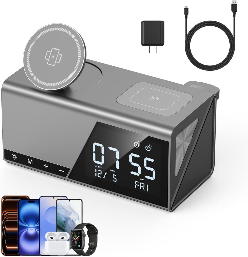 4URPC 6-in-1 Alarm Clock Wireless Charging Station for Apple Multiple Devices, Wireless Charging Dock for iPhone 17/16/15/14/13 Series, Apple Watch, AirPods,Night Light,Alarm Clock,Sleep Friendly