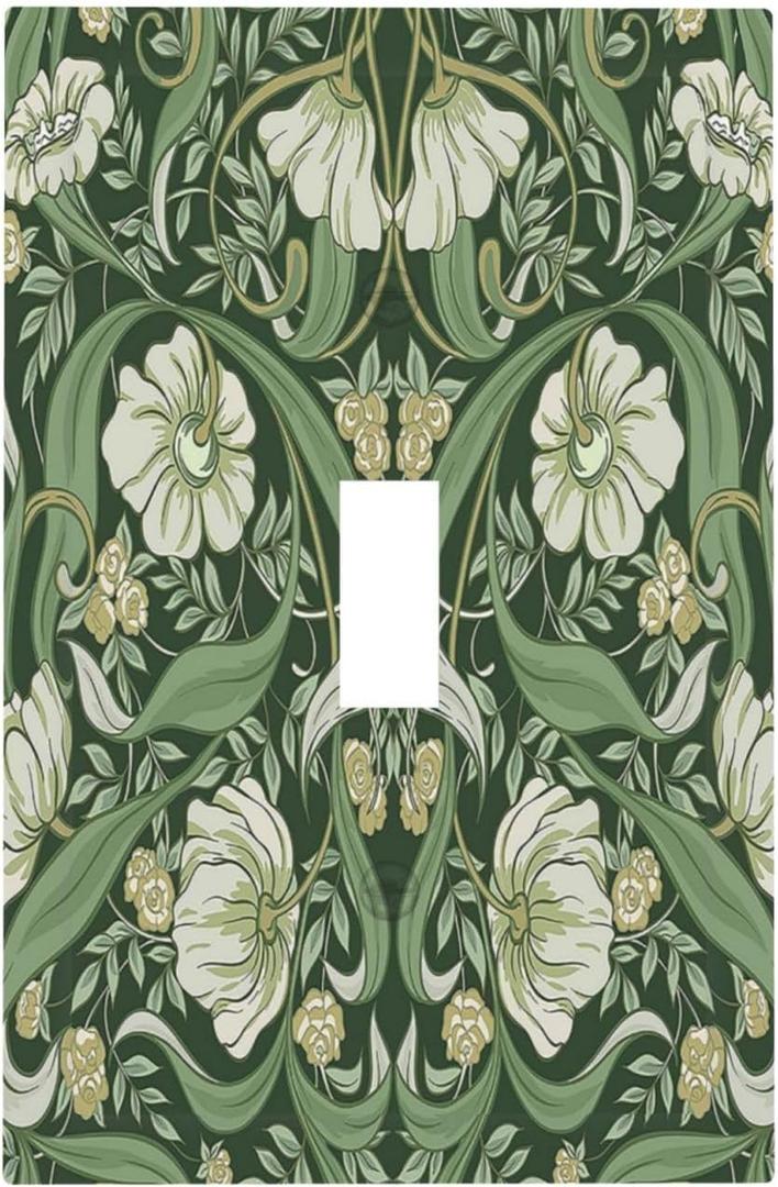 William Morris White/Green Vintage Floral Decorative Light Switch Cover Plate 1 Gang Single Toggle Switch Wall Plate Cover Electrical Device Faceplate for Bedroom Kitchen Decor 5 X 3 IN