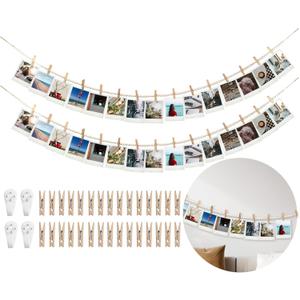 Hanging Photo Display Wall Decor with 30 Wood Clips, YuanDe 67 Inches Boho Wooden Bead Garland Collage Picture Frame Photos String DIY, Photo Hanger for Bedroom Office Dorm Room Decor Gifts(2PCS)