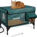 Outdoor Heated Cat House in Winter,Extremely Insulated & Weatherproof,Elevated Feral Cat Shelter with Waterproof Eaves & Escape Door for Outside Stray Barn Cat (Dark Green,L)