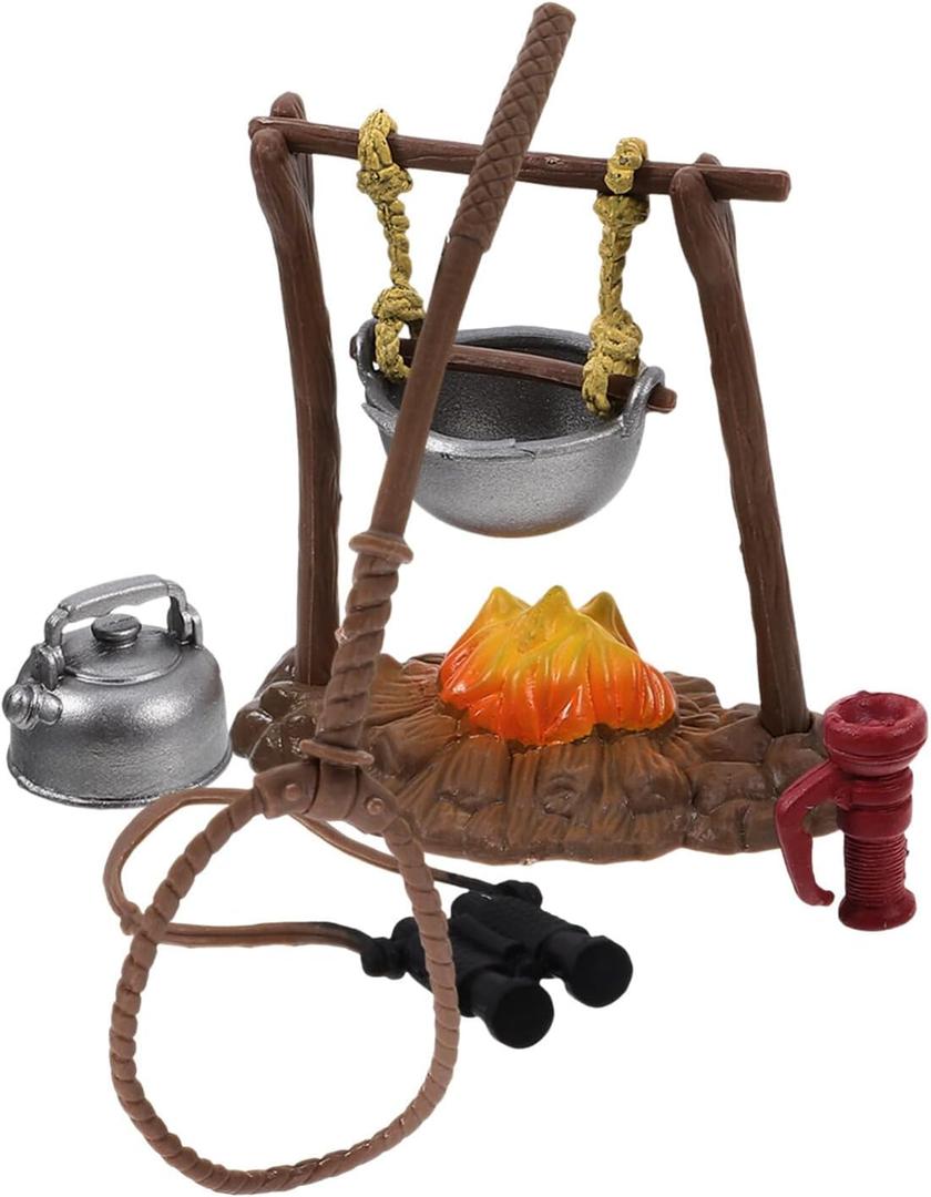 TOYANDONA Dollhouse Stove Kitchen Furniture: Miniature Hanging Stove Tea Kettle, Fairy Garden Camping Accessories Pretend Toys Bonfire Figurine Micro Landscape