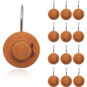 Straw Hat Shower Curtain Hooks Set of 12, Decorative Shower Curtain Rings with Durable Metal, Straw Hat Design Nautical Coastal Shower Hooks for Bathroom, Smooth Gliding Shower Hooks