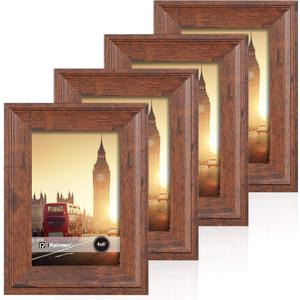 iRahmen 4x6 Picture Frame Set of 4, Brown Rustic Retro Photo Frame with Real Glass, Wood Farmhouse Style 4 x 6 Frames for Wall Mount and Tabletop Display