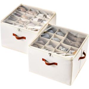INSTY Shoe Organizer for Closet, 2 Pack Foldable Shoe Storage Containers, Fits up to 16-32 Pairs, Adjustable Dividers for Shoe Organizer, Fabric Shoe Storage Bins with Clear Cover, Beige