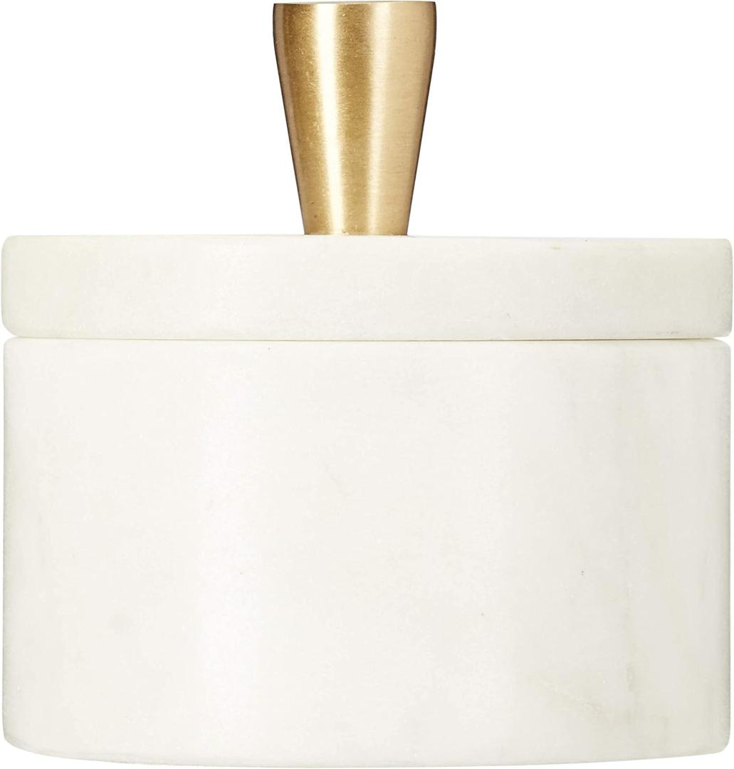 Queenza White Marble Salt Cellar with Lid and Brass Knob, 3 Inch Salt Box, 3x3 Inch