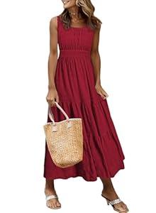 AlvaQ Womens Spring Summer Round Neck Sleeveless A Line Dresses Casual Elastic Waist Ruffle Flowy Long Dress Fashion 2025 Red Small