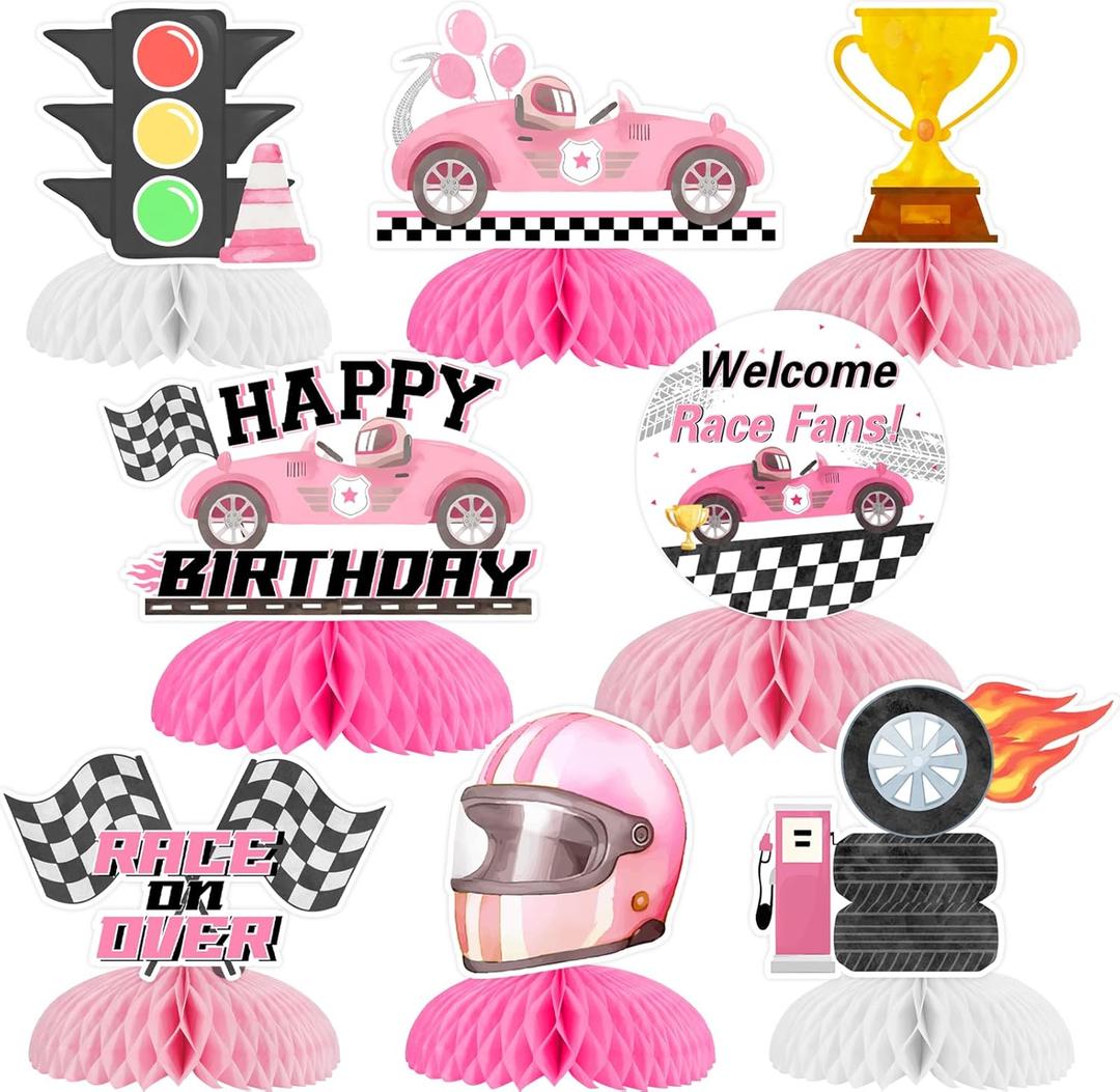 Pink Racing Car Birthday Party Decorations for Girls - 8PCS Race Car Honeycomb Centerpieces, Vintage Retro Let's Go Racing, Race on Over Welcome Race Fans Birthday Party Decorations