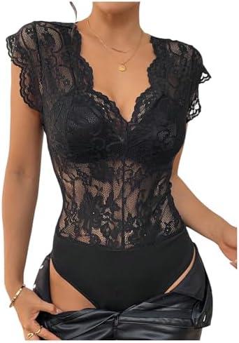 MakeMeChic Women's Lace Bodysuit Date Night Romper Deep V Neck Lace Tops Bodysuit M
