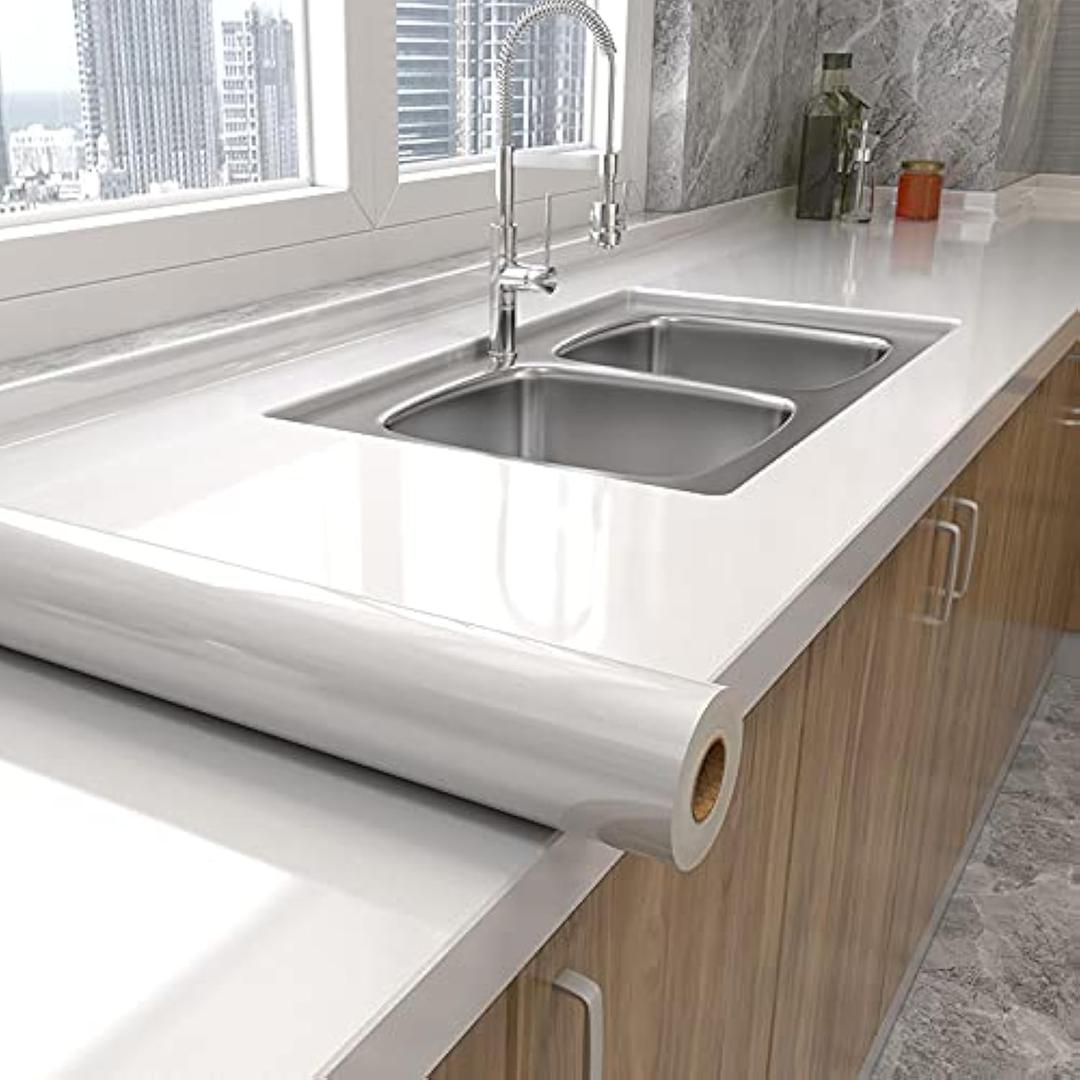 Shiny White Wallpaper peel and Stick Wallpaper Glossy Self Adhesive Removable Wall paper 15.8" X 78.7"Waterproof Countertop Paper White Contact Paper for Cabinet Countertop Furniture Kitchen Vinyl, Pearl White