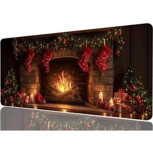 Holiday Christmas Desk Mat Festive Stockings Fire Cartoon Mousepad XL Large Gaming Mouse Pad Laptop Keyboard Mat Desk Pad Office Computer Keyboard Laptop Home, 31.5x11.8 Inch