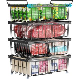 iSPECLE Freezer Organizer Bins - Fit 10 to 20 Cu.FT Chest Freezer, Pack of 4 Expandable Stackable Large Deep Freezer Organizer Bins Sort Food, Easily Get Food from Bottom Better Ventilation, Black