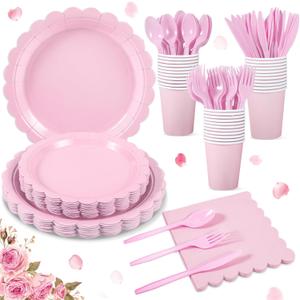 175 Pcs Pink Plates and Napkins, Pink Mothers Day Decorations Include Scalloped Birthday Plate Napkins Cups Plastic Cutlery Disposable Dinnerware for Wedding, Bridal Baby Shower