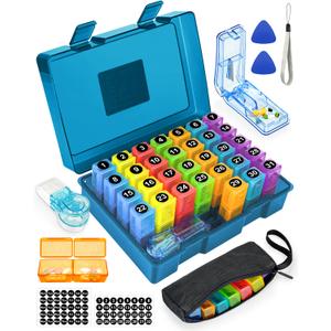 Monthly Pill Organizer 2 Times a Day, FRIWOLE Medicine Box with Portable Weekly Pill Bag, Pill Taker Remover, Pill Cutter and 2 Sticker(Blue, 2 Times a Day)