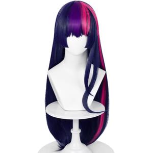 Half and Half Long Straight Anime Purple Pony Cosplay Wig with Bangs, 29'' Dark Purple Mxied Pink Pony Costume Wigs for Women Halloween Party