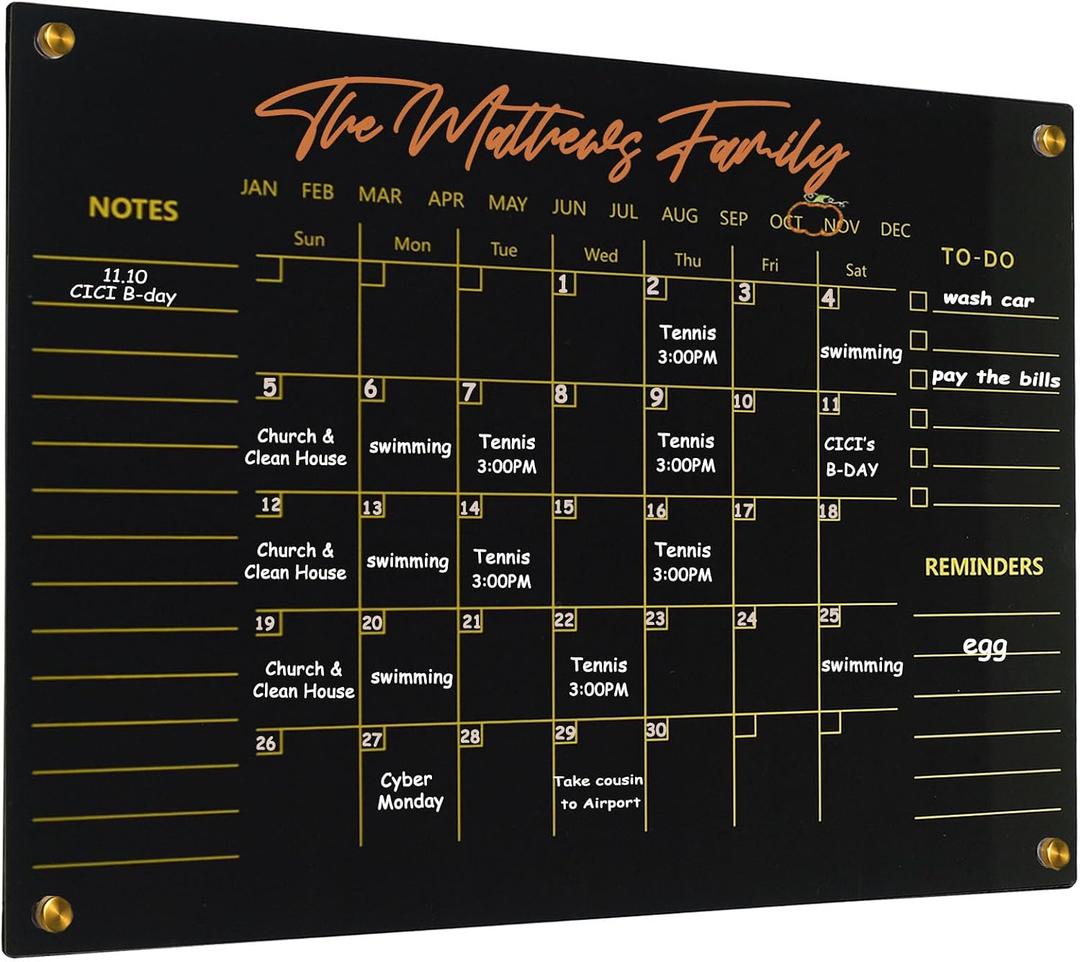 Black Acrylic Calendar Dry Erase for Wall, Family Planner, Monthly Calendar Dry Erase Whiteboard for Home, Office, 24" x 16"Reusable White Board(Acrylic-BK-4060)