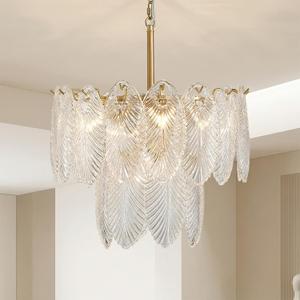 17.7" Gold Glass Chandelier for Dining Room Modern Farmhouse 5-Light 2-Layer Adjustable Height Round Hanging Pendant Lighting Fixture for Living Room Bedroom Home Office, Medium