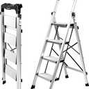 Valeo Aluminium 4 Step Ladder with Retractable Handgrip,Anti-Slip Pedal,330 lbs Capacity,Folding Step Stool for Kitchen, Garage, Home, Space Saving, Sturdy and Portable, Silver