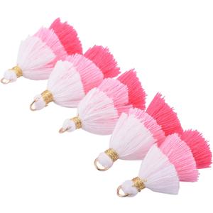 KONMAY 50pcs Bulk 1.4''(3.5cm) Tiny Tri-Layered Tassels with Gold Jump Ring for Jewelry Making, Clothing (White&rose)