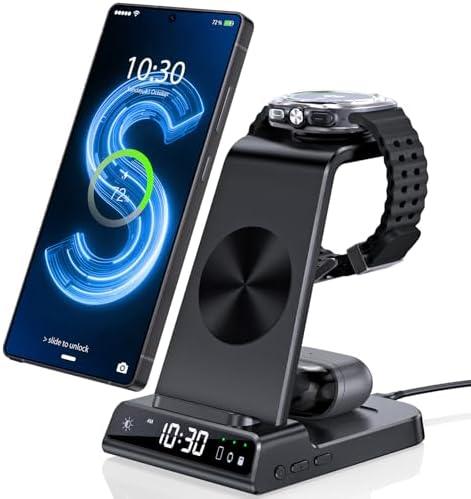 Wireless Charger for Samsung Charging Station with Clock for Samsung Galaxy S25 Ultra/S24 Ultra/Z Fold 7/6/Flip7/Bud, 3 in 1 Android Charging Station, Watch Charger for Samsung Galaxy Watch 8/7/6/5Pro