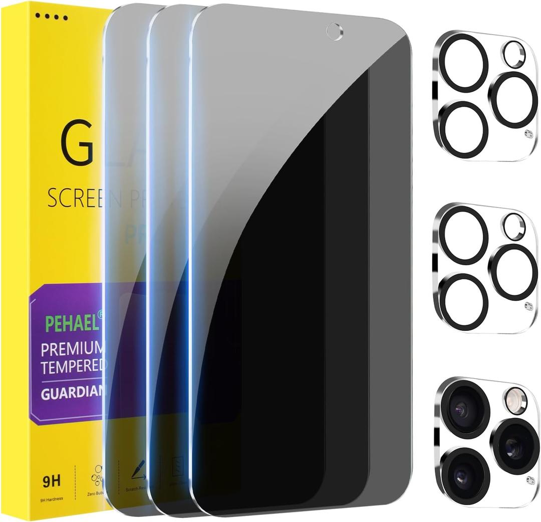 PEHAEL 3+3Pack for iPhone 16 Pro Privacy Screen Protector with Camera Lens Protector Full Coverage Anti-Spy Tempered Glass Film 9H Hardness Easy Installation Bubble Free [6.3 inch]