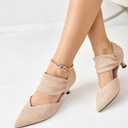 Coutgo Womens Low Kitten Heel Dress Shoes Pointed Toe Slip on Ankle Strap Cutout Elegant Party Wedding Pumps (Beige, Size 9)