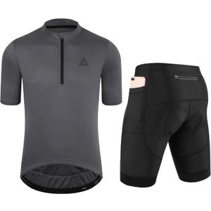 Men's Cycling Jersey 1/3 Zipper Cycling Clothing Set Solid Color Club Fit, Bike Jersey and Shorts Zipper Pocket (Medium, Grey)